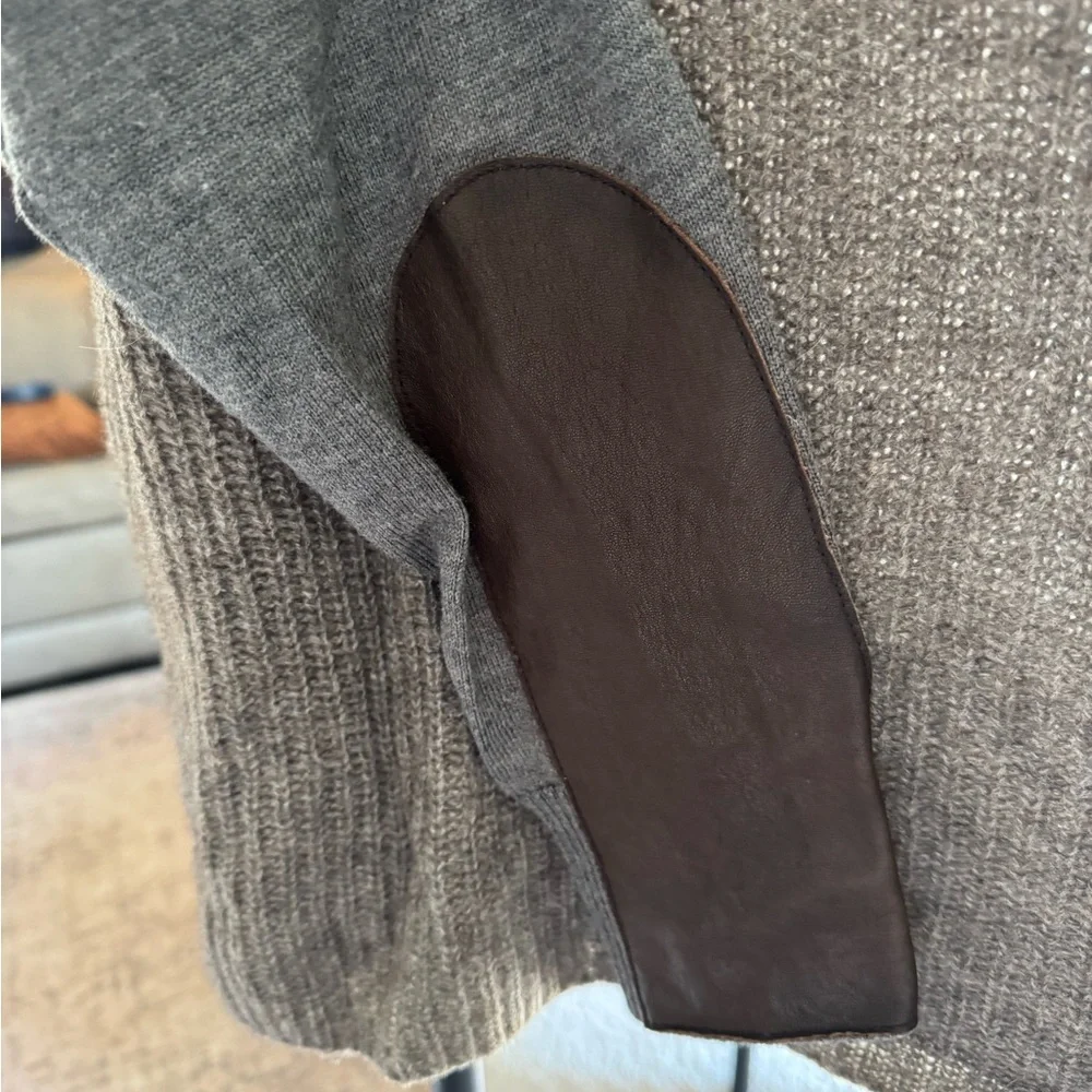 EILEEN FISHER Gray Knit Crewneck Sweater with Brown Leather Elbow Patches - Picture 5 of 6